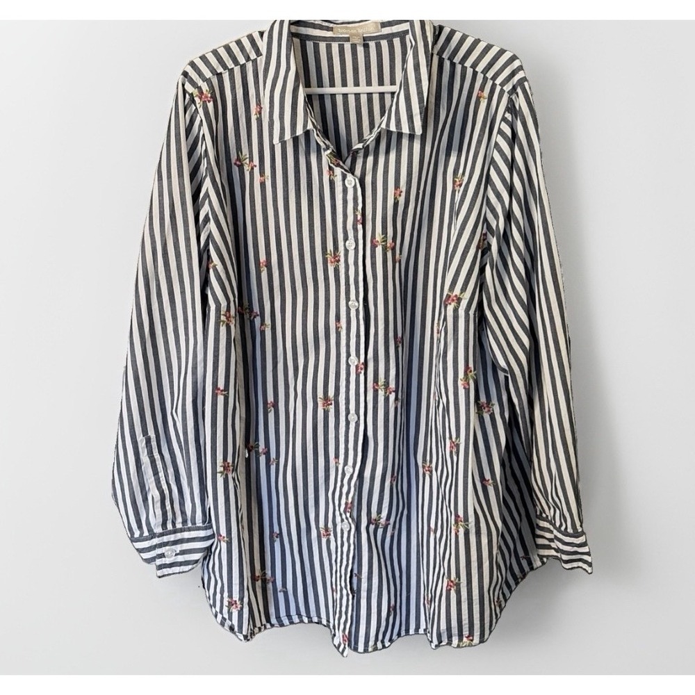 Women's 1X Cottagecore Granny Embroidered Flower Coastal Stripe Button Shirt